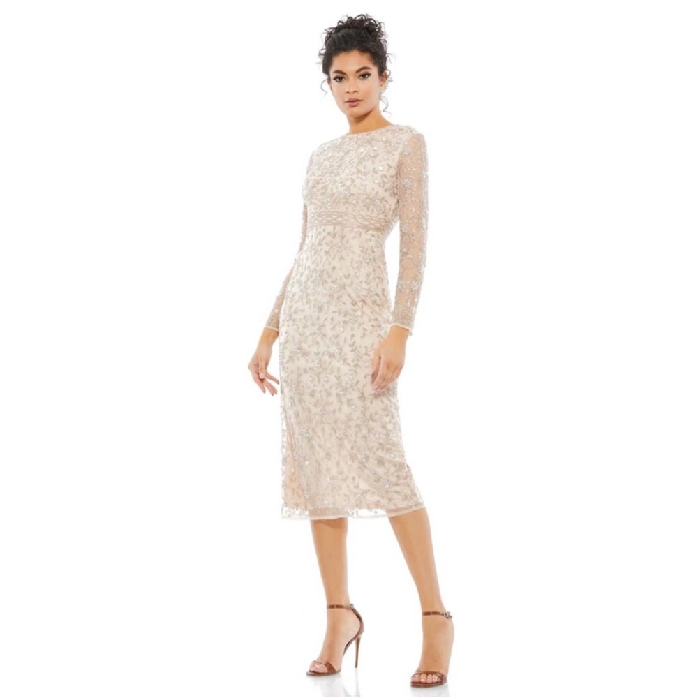 Mac Duggal 10812 Porcelain Beaded Tea Length Formal Midi Dress Size 8